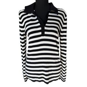 Talbots Ribbed Stripe Polo Sweater Womens S Black White Preppy Academia Capsule